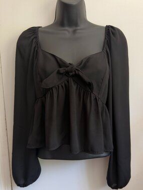 EXPRESS Black Peplum Top XS Tie Front Puff Sleeve Romantic Boho Coquette Blouse